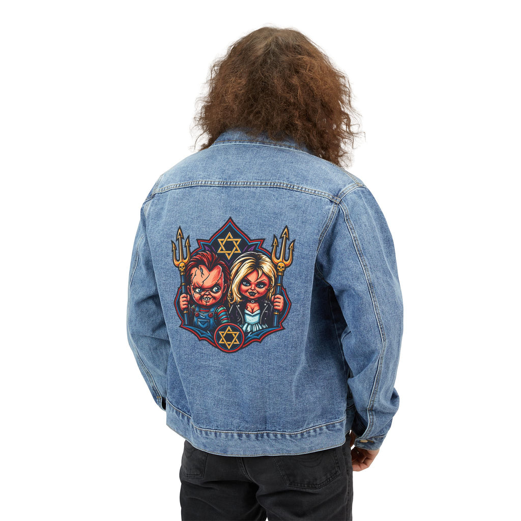 Denim Jacket with Retro Devil & Angel Back Patch — Graphic Men’s Trucker Jacket