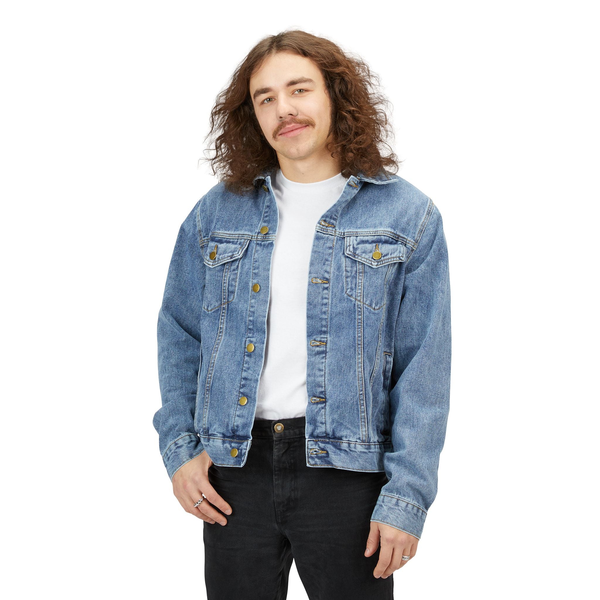 Denim Jacket with Retro Devil & Angel Back Patch — Graphic Men’s Trucker Jacket