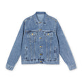 Denim Jacket with Retro Devil & Angel Back Patch — Graphic Men’s Trucker Jacket