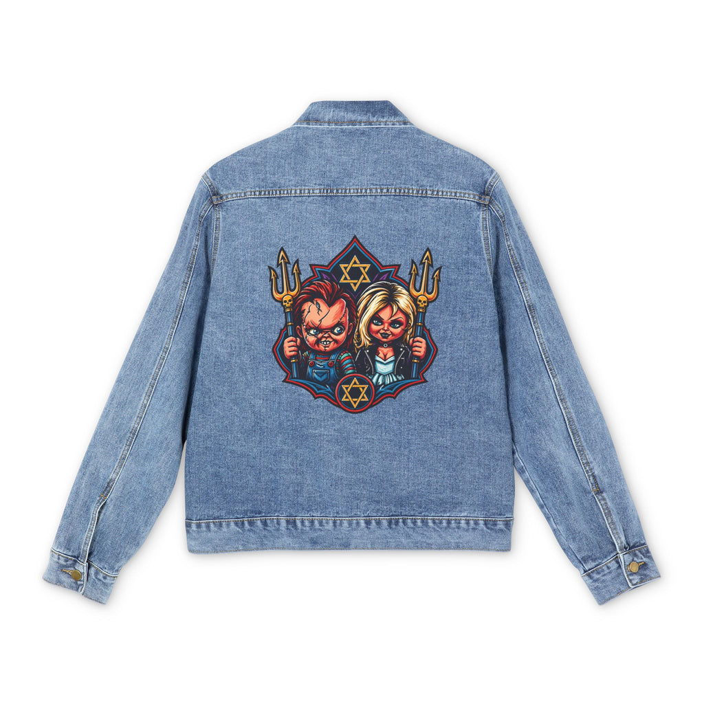 Denim Jacket with Retro Devil & Angel Back Patch — Graphic Men’s Trucker Jacket