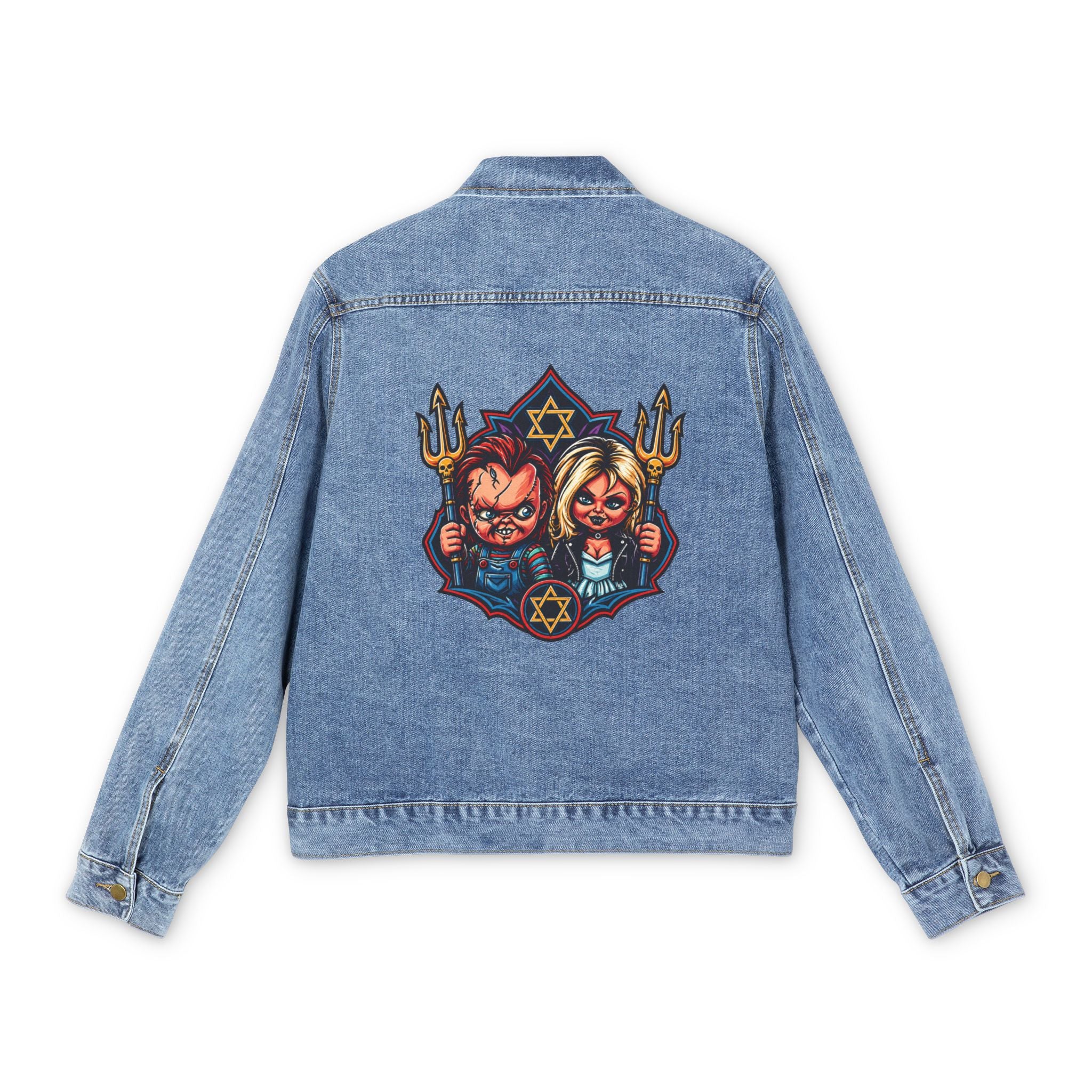 Denim Jacket with Retro Devil & Angel Back Patch — Graphic Men’s Trucker Jacket
